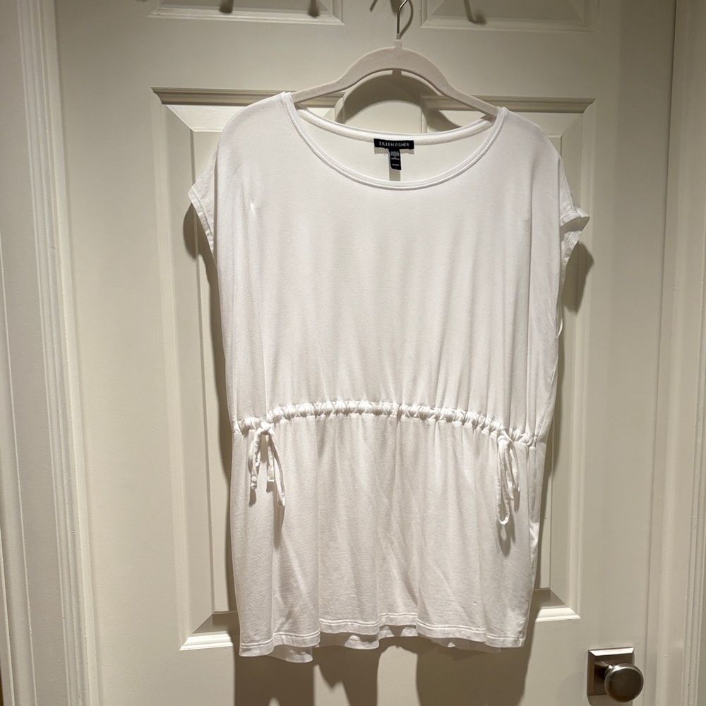 Eileen Fisher White Short-Sleeve Drawstring Waist Tunic